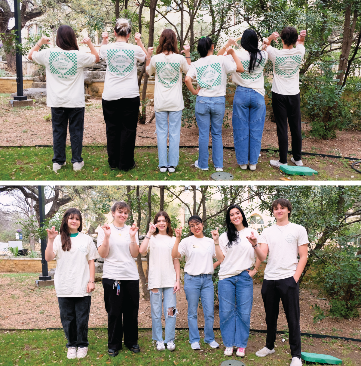 Top, the Get Fertilizer Wiser team stands in a row with their backs to the camera showing their custom tee shirts. Bottom, the students show their Toppers Up signs.