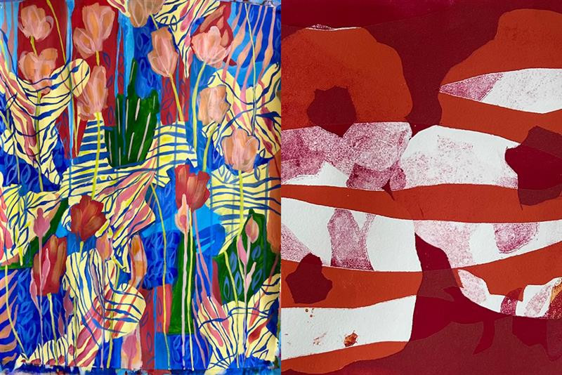 Two images of artwork. The first abstract and colorful with shapes alluding to plants. The second artwork abstract circular shapes with many tones of red.