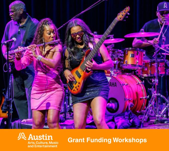 Musicians performing onstage, including performers playing a flute, a bass guitar, and drums. The stage is lit with vibrant lighting. A banner features the Austin Arts, Culture, Music and Entertainment logo and Workshop for Elevate and Thrive