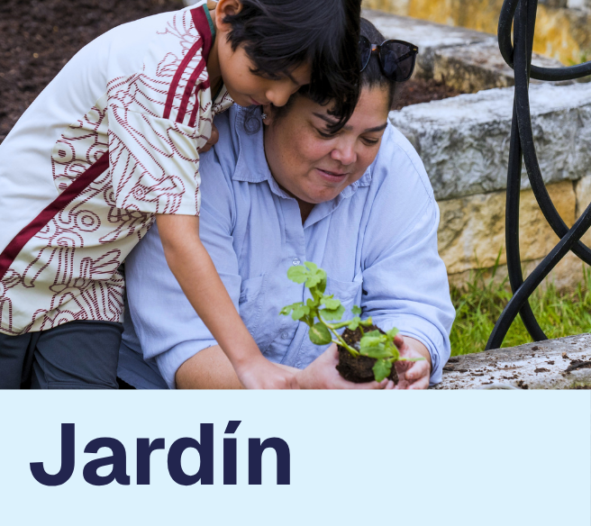 Thumbnail of mom and son planting in a garden