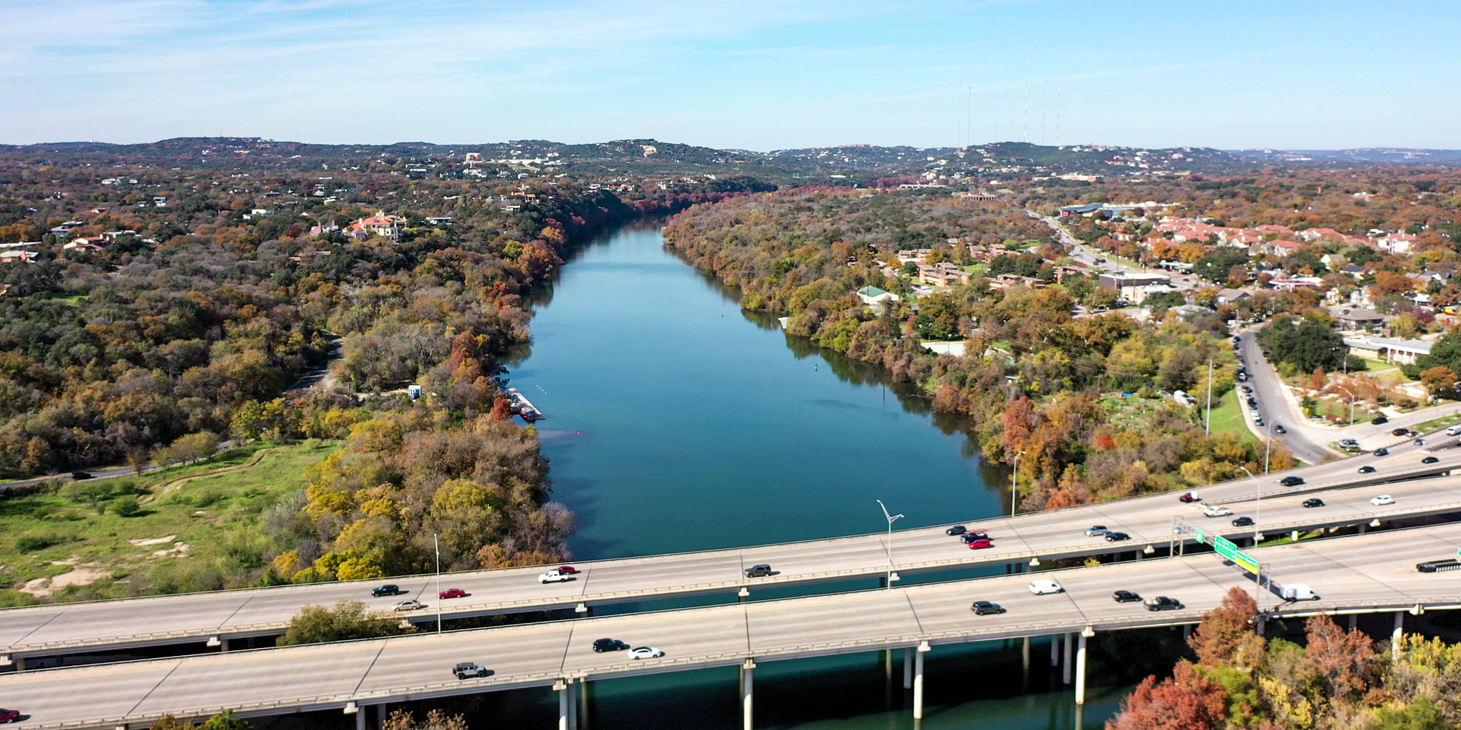 An aerial view of Lake Austin looking west