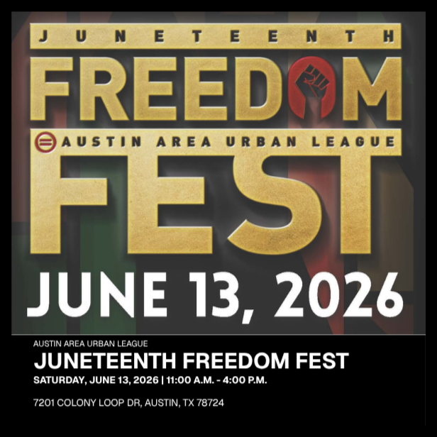 Graphic for the Juneteenth Freedom Fest with a triumphant fist in the O of Freedom