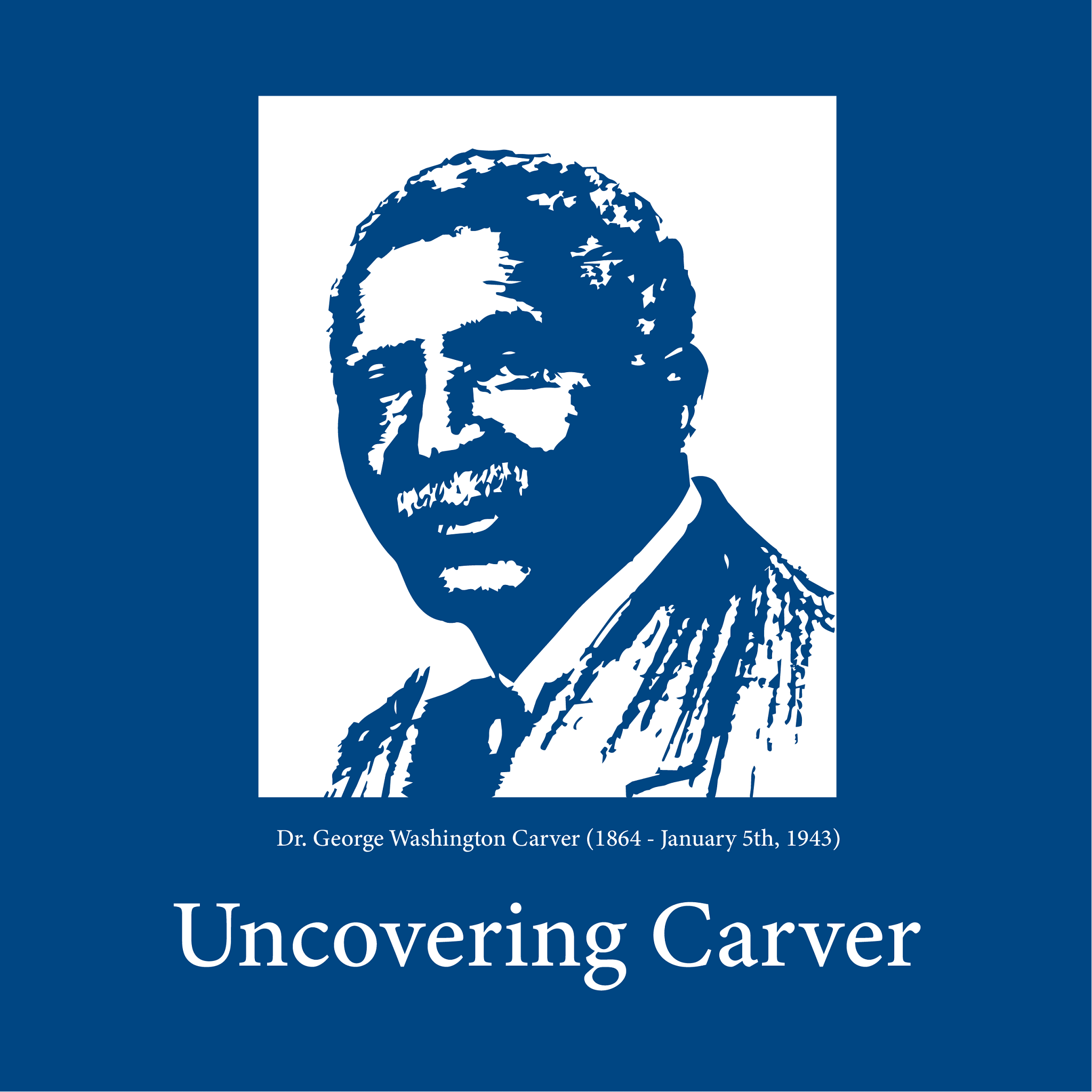 Blue graphic with white outline image of George Washington Carver