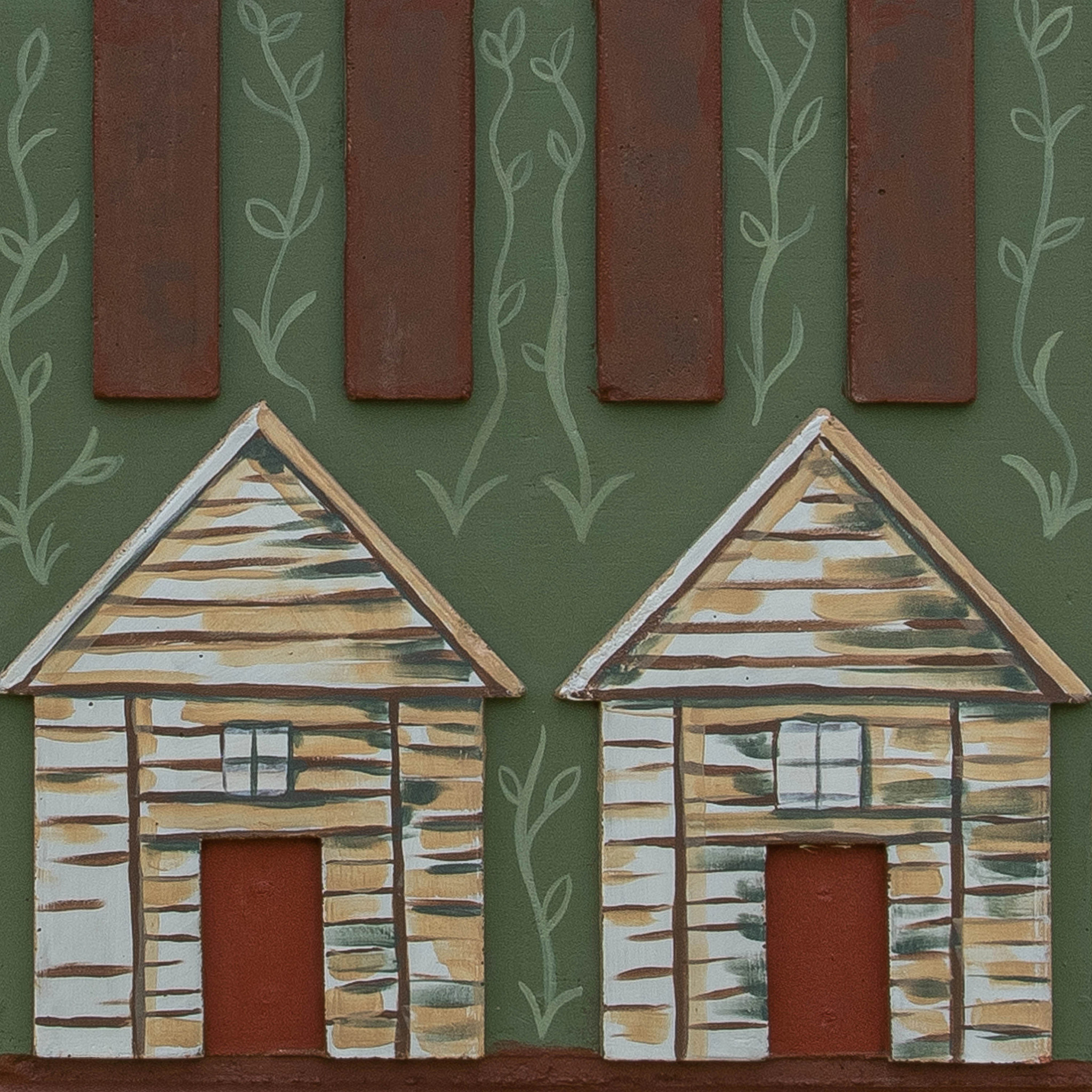 Public artwork, painted detail of historic homes on the St. John Pillar.