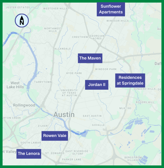 Map of Austin, Texas showing locations of six housing developments: Sunflower Apartments (north), The Maven (central Austin), Jordan II and Residences at Springdale (east Austin), Bowen Vale (south-central), and The Lenora (southwest).