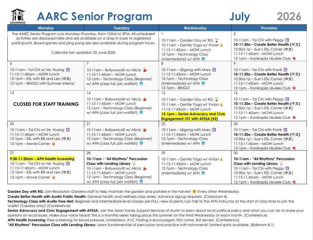 AARC Senior Program Calendar - July 2026