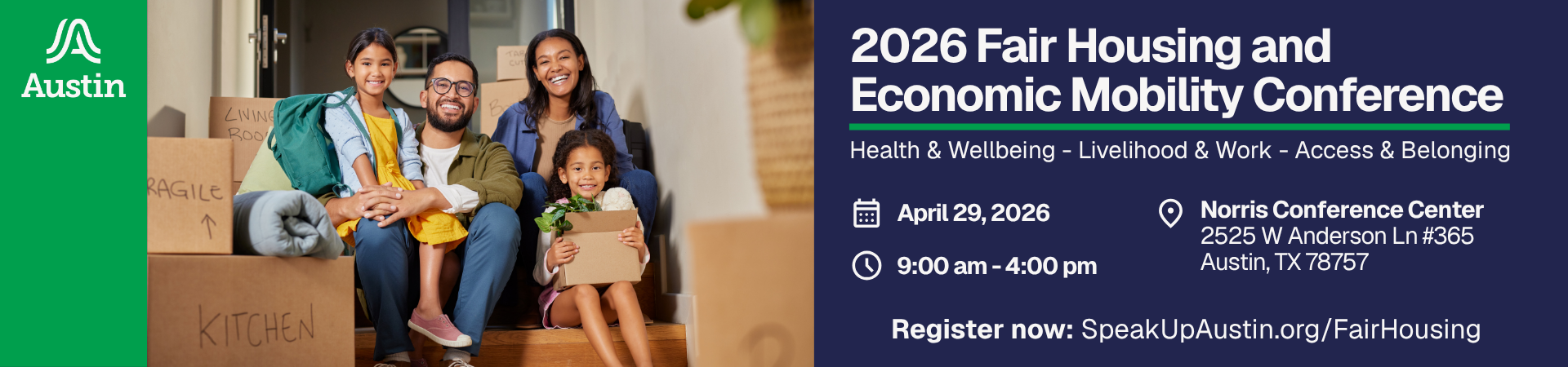 Promotional banner for the 2026 Fair Housing and Economic Mobility Conference in Austin, featuring a smiling family sitting among moving boxes.