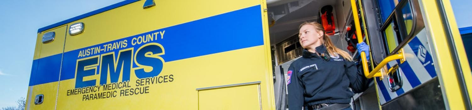 Banner with an EMT exiting an Austin-Travis County EMS ambulance