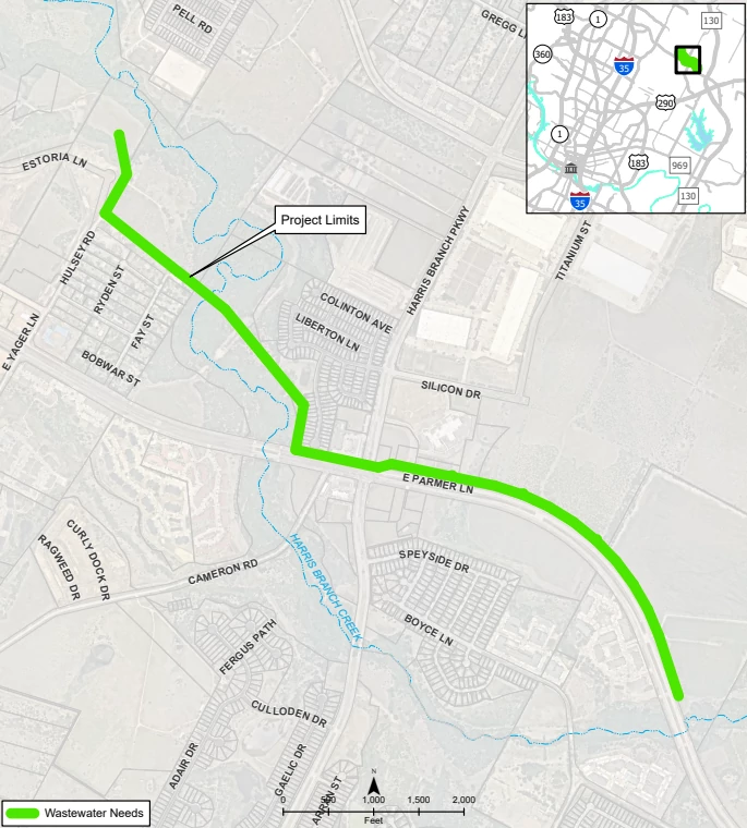 A map of the Upper Harris Branch Wastewater Interceptor Project