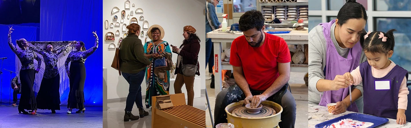 Banner with four images - one of a dance performance, one of women chatting at an art exhibit, one of a man at a pottery wheel, and one of an art teacher and child painting together.