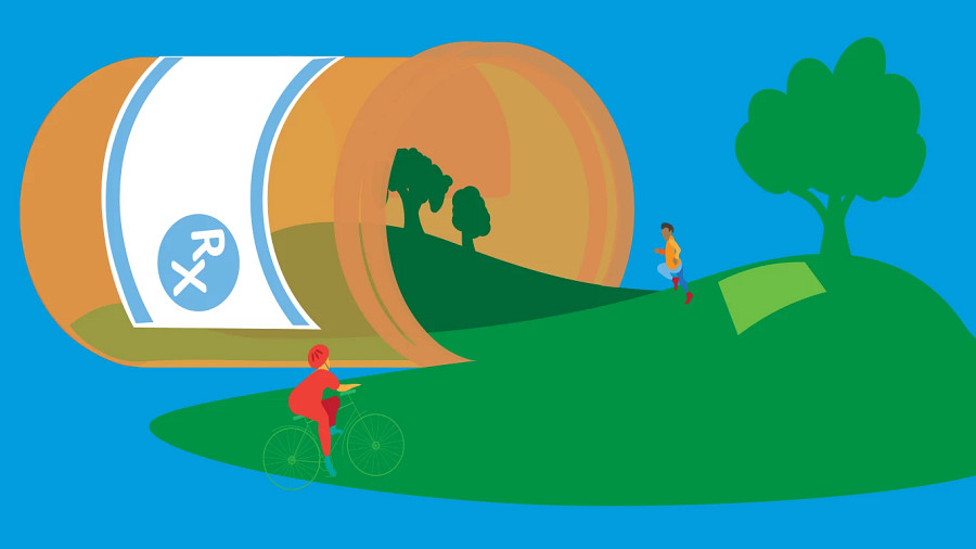 Pill Bottle on its side with a biker and runner