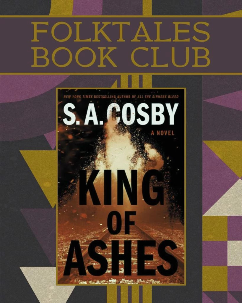 purple gold and gray image with photo of the book King of Ashes