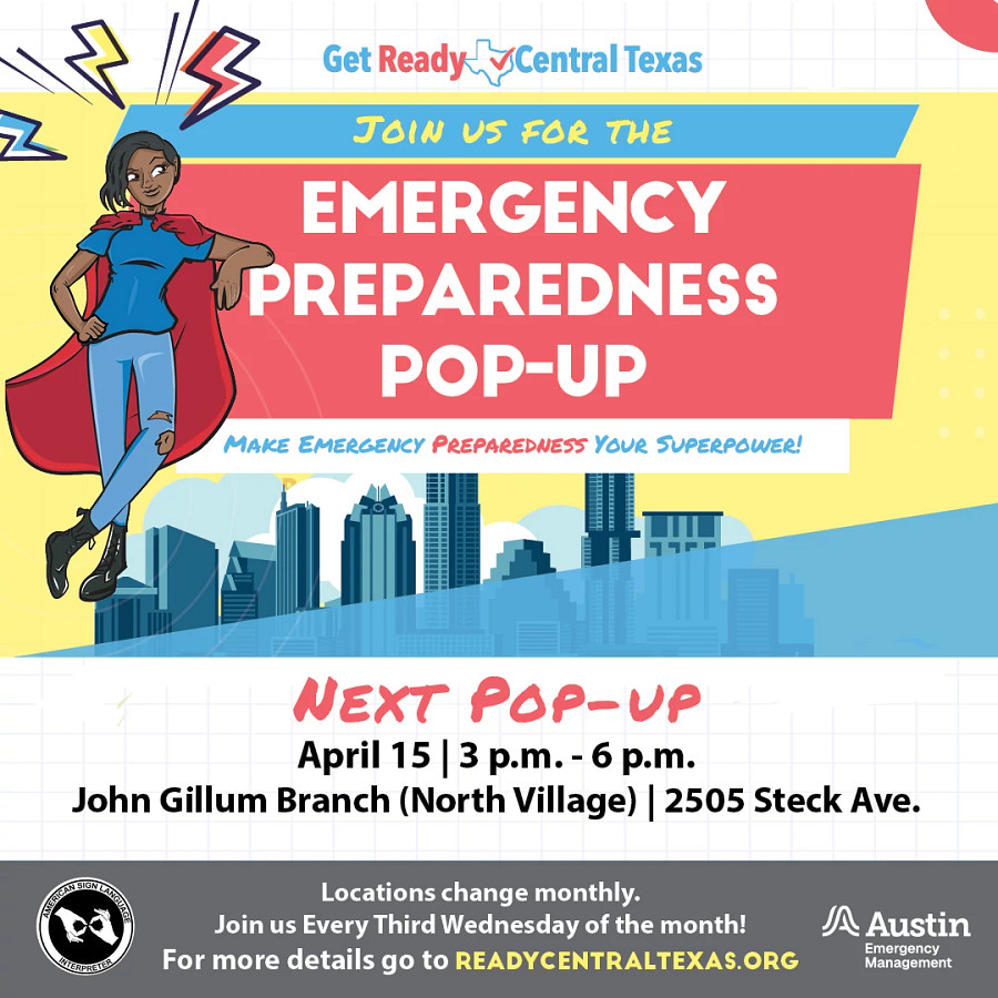Flyer listing information for April 15th Pop Up event at John Gillum Branch Library. The event is from 3pm to 6pm. The address for the library is 2505 Steck Avenue.