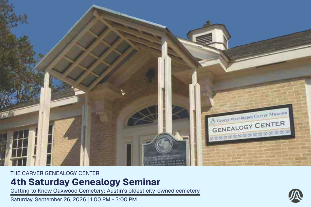 light blue graphic featuring photo of Carver Genealogy Center