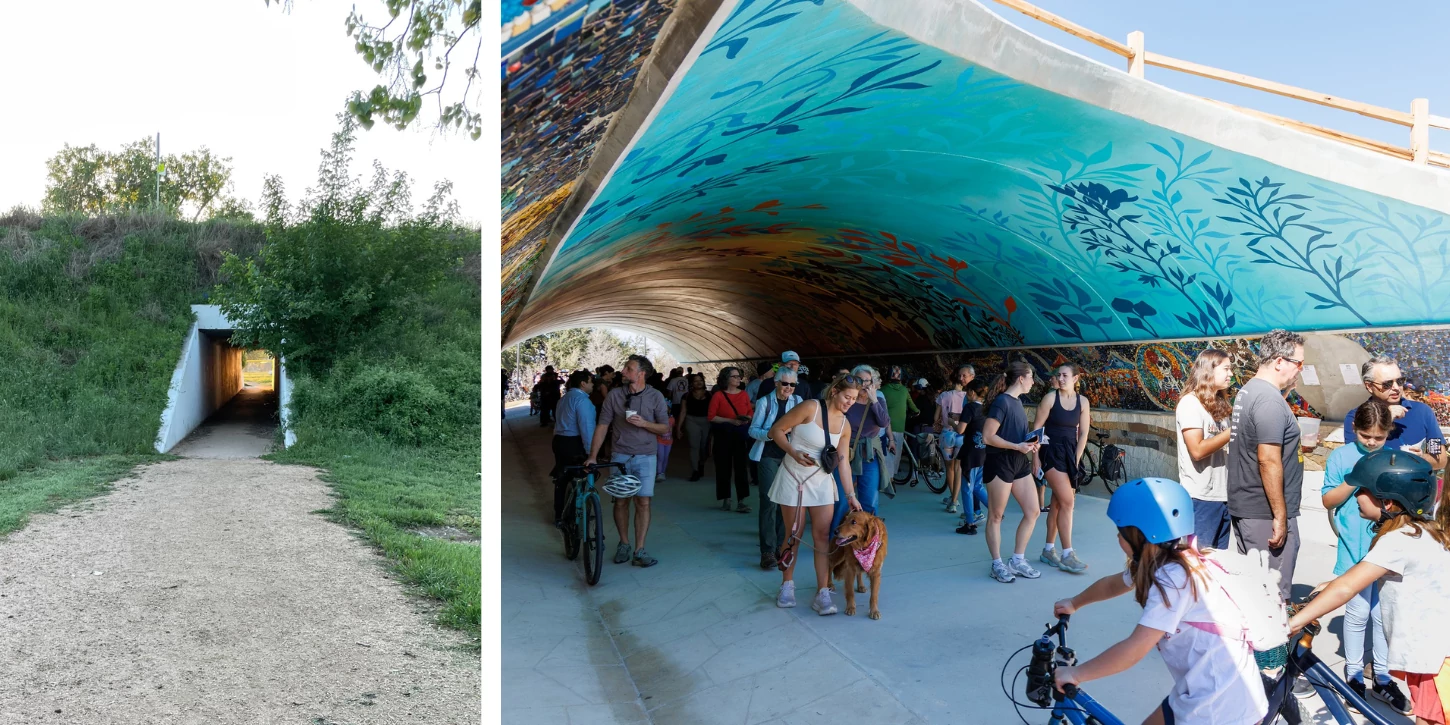 Collage of before and after of Wishbone Bridge tunnel underpass