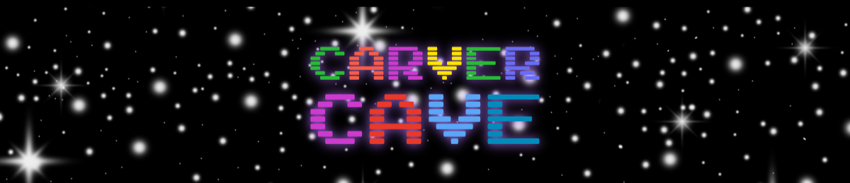 Black graphic with stars and colorful text reading Carver Cave