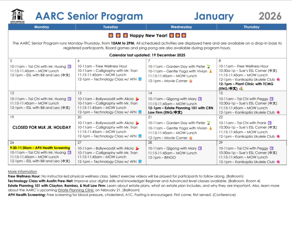 AARC Senior Program Calendar January 2026