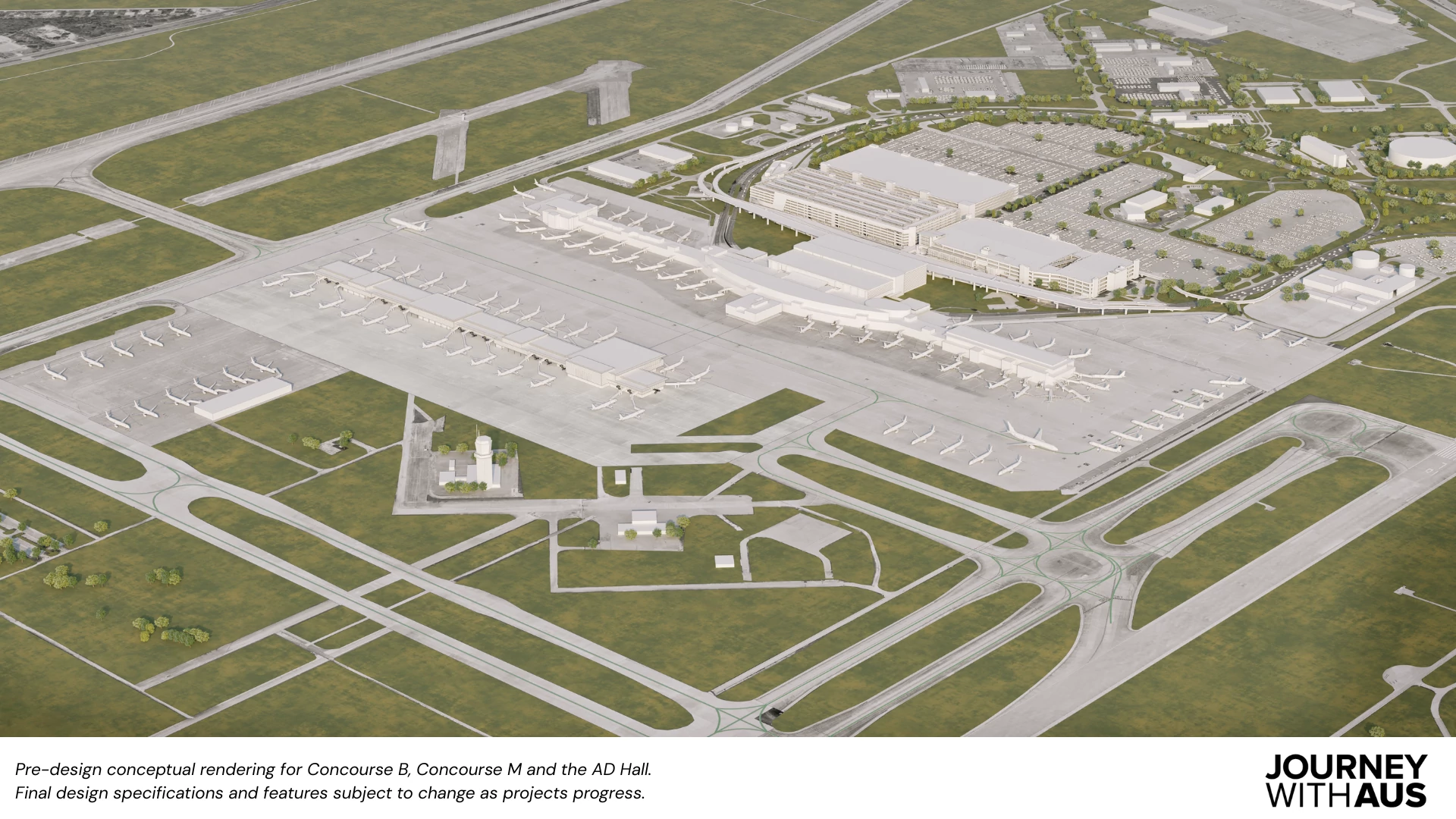 Conceptual aerial rendering of Austin-Bergstrom International Airport showing planned expansions under the Journey With AUS program, including Concourse B, Concourse M, and a new Arrivals and Departures Hall, with aircraft at gates, roadways, parking structures, and surrounding airport infrastructure.