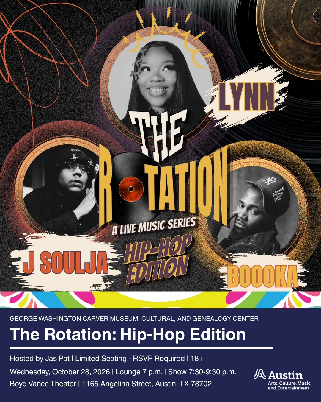 Colorful graphic featuring three hip hop artists