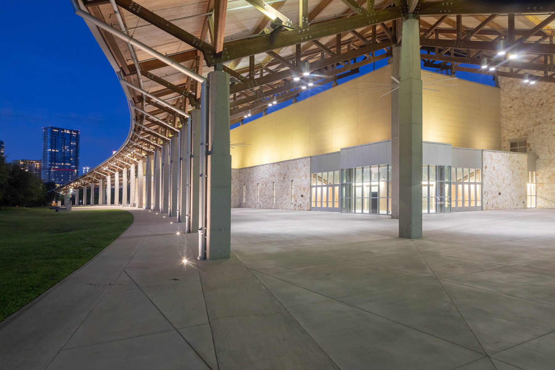 Palmer Events Center canopy at night facing north toward Downtown Austin