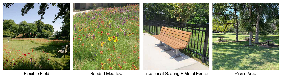 Example images for Flexible Field, Seeded Meadow, Traditional seating and metal fence, and picnic area