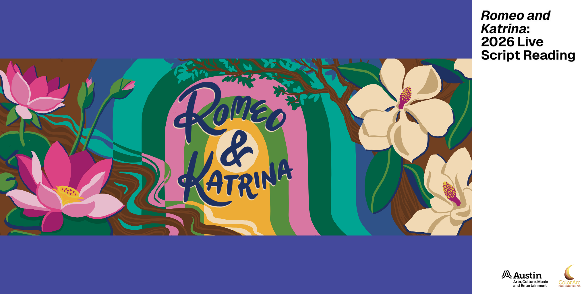 Illustration with flowers, a rainbow, and trees. Cursive text in the middle says Romeo and Katrina.