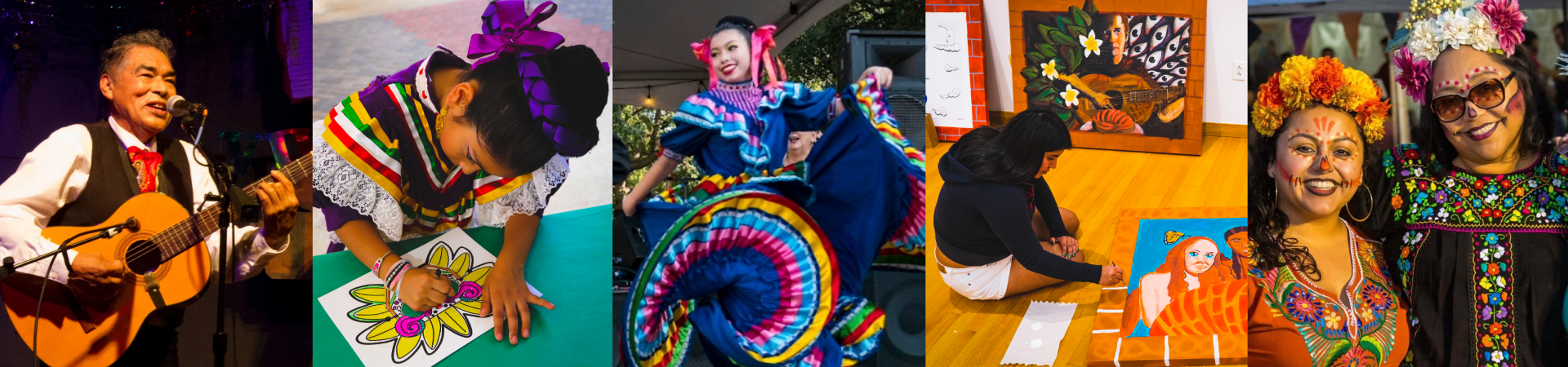 Photo collage of people participating in ESB MACC events, including musical performances and Dia de los Muertos
