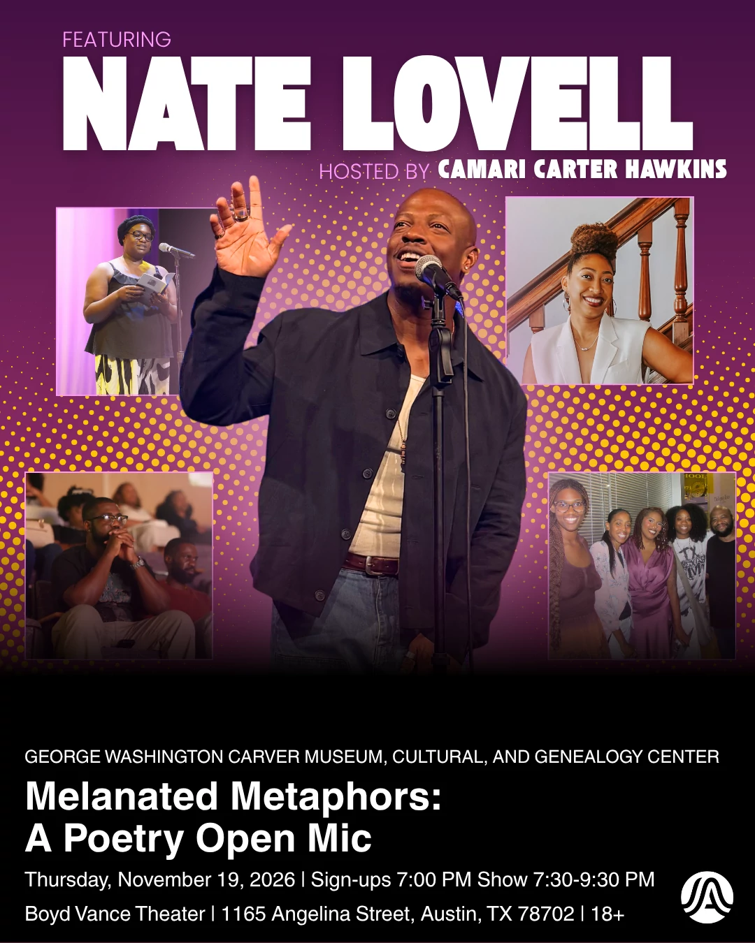 A purple and gold graphic with a photo featuring featured artist Nate Lovell surrounded by photos of the Melanated metaphors event as well as host Camari Carter Hawkins.