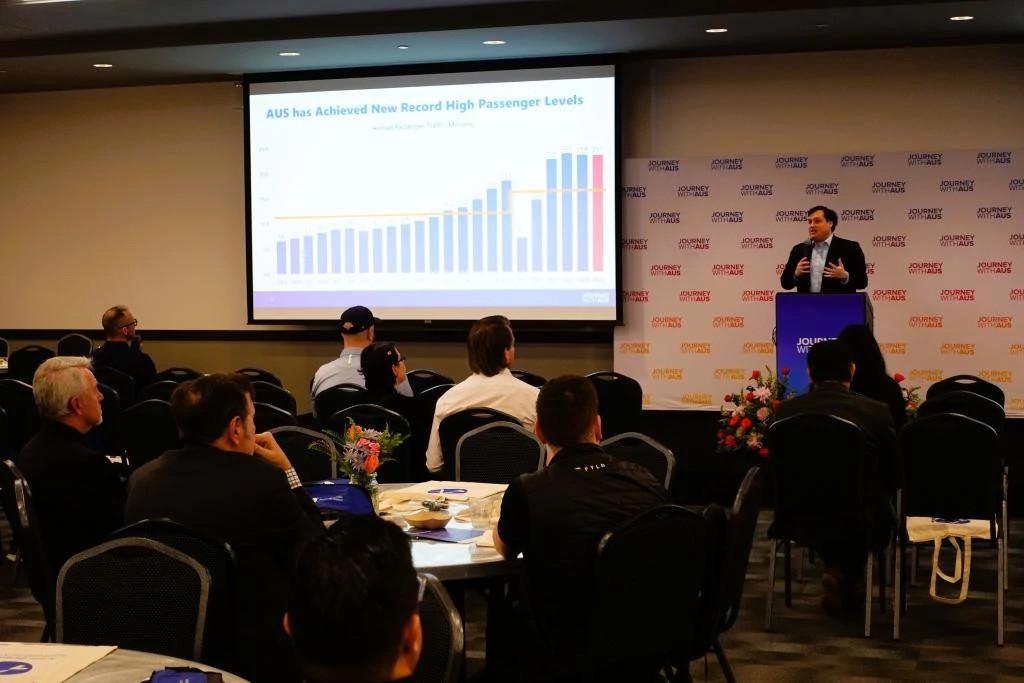 Attendees of the “Runway to Opportunities: Prime Contractor Meet and Greet” event mingle and hear about subcontracting opportunities for Austin-Bergstrom International Airport's Journey With AUS expansion program projects.