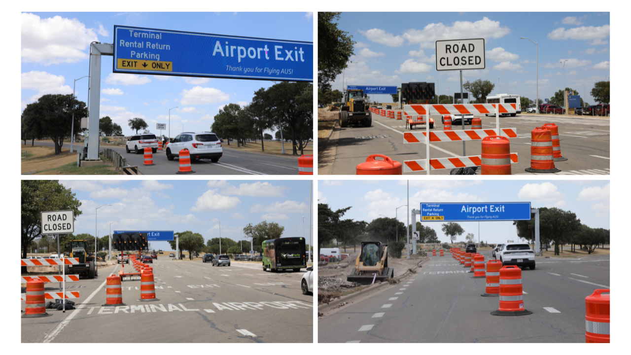 ur photos show airport road construction with orange barrels, road closed signs, barricades, and vehicles moving through open lanes near airport exit signs.