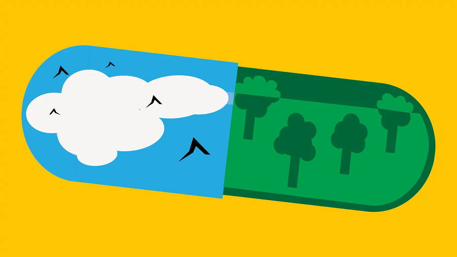 A pill with trees and clouds