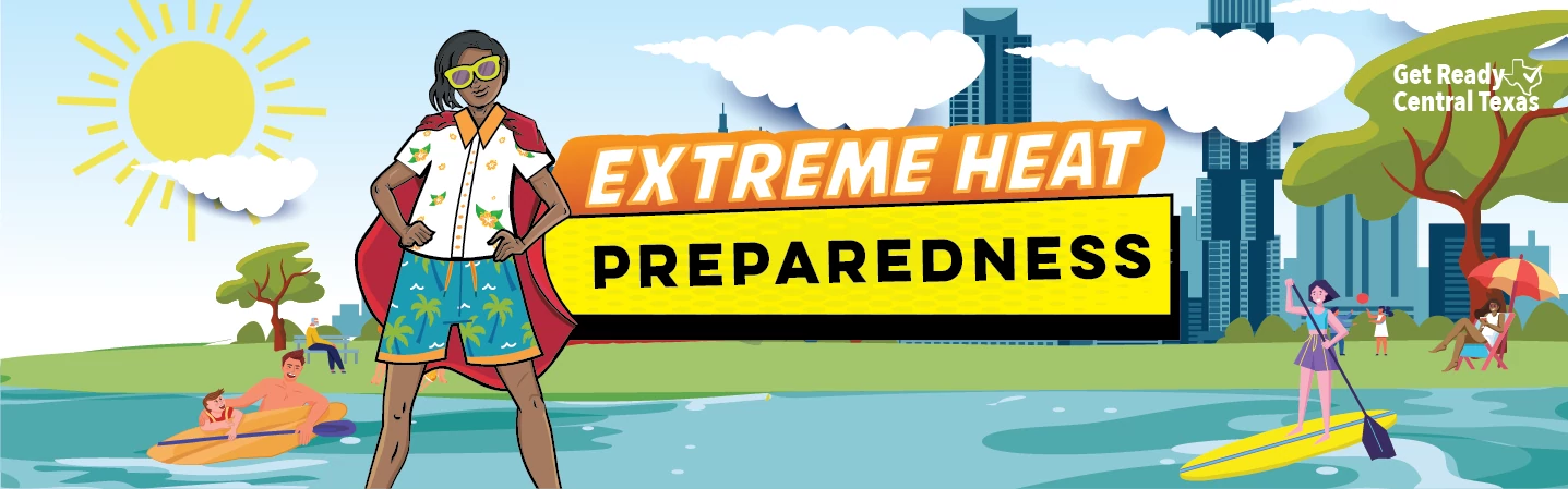 SuperHero in swim gear with the city in the background and playing with people  in the water. With the verbiage Extreme Heat Preparedness in the background. 