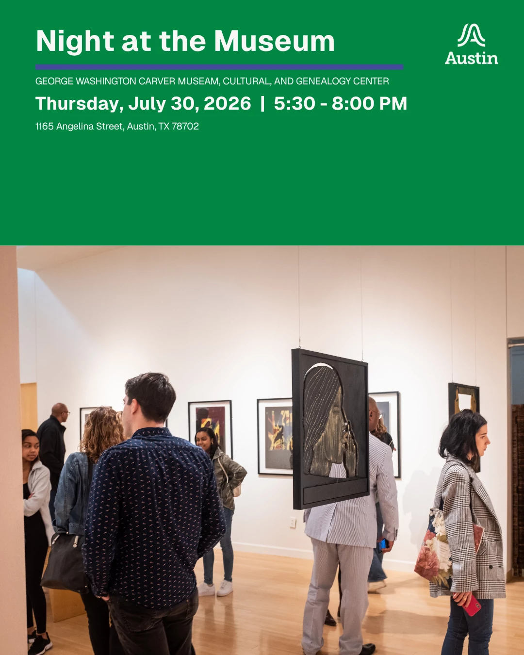 green graphic with image of people attending an event at the george washington carver museum and cultural center in austin texas