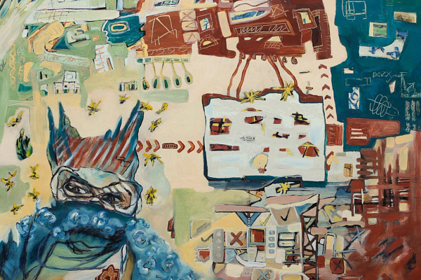 An abstracted painting of a person with in a scenery that is hard to define outside of color and shape