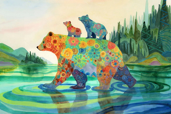 A painting of a colorful bear with two bear cubs on its back walking through water