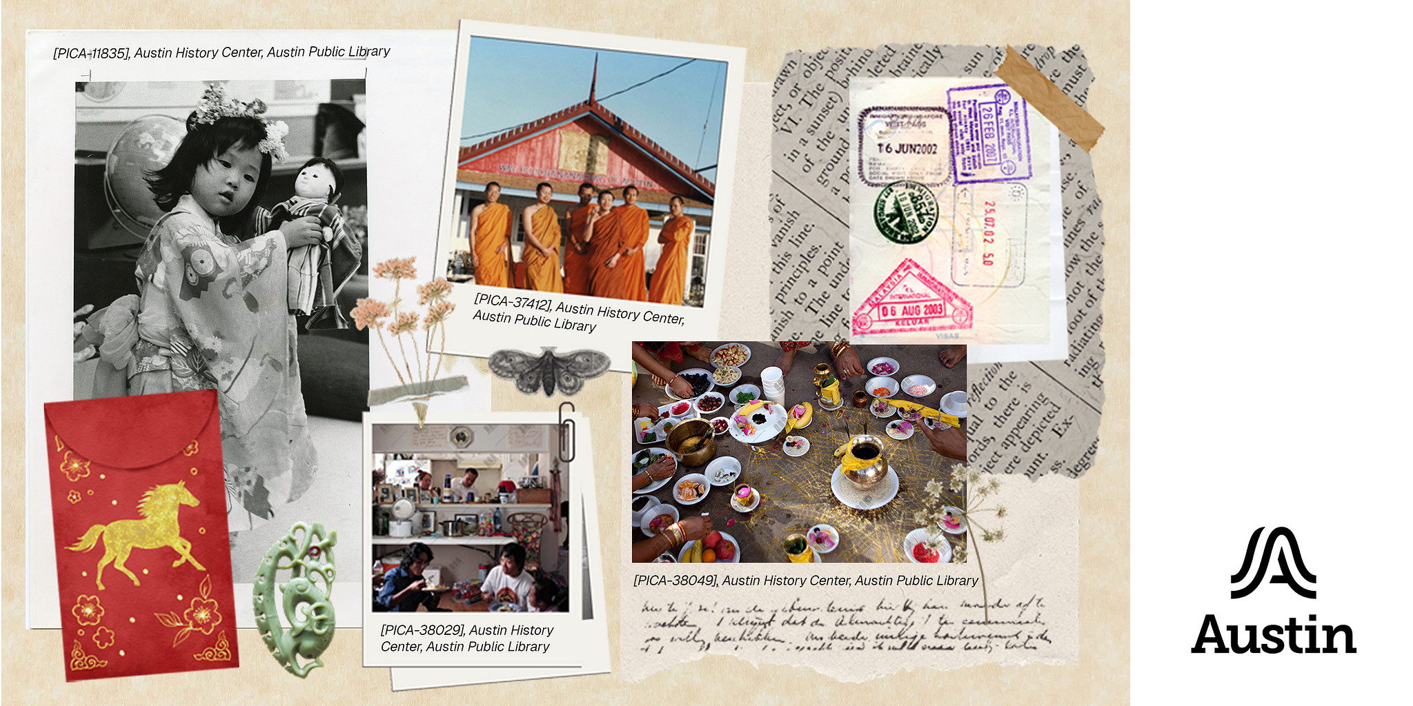 Collage of images and objects from the Austin History Center. City of Austin logo is in bottom right corner.