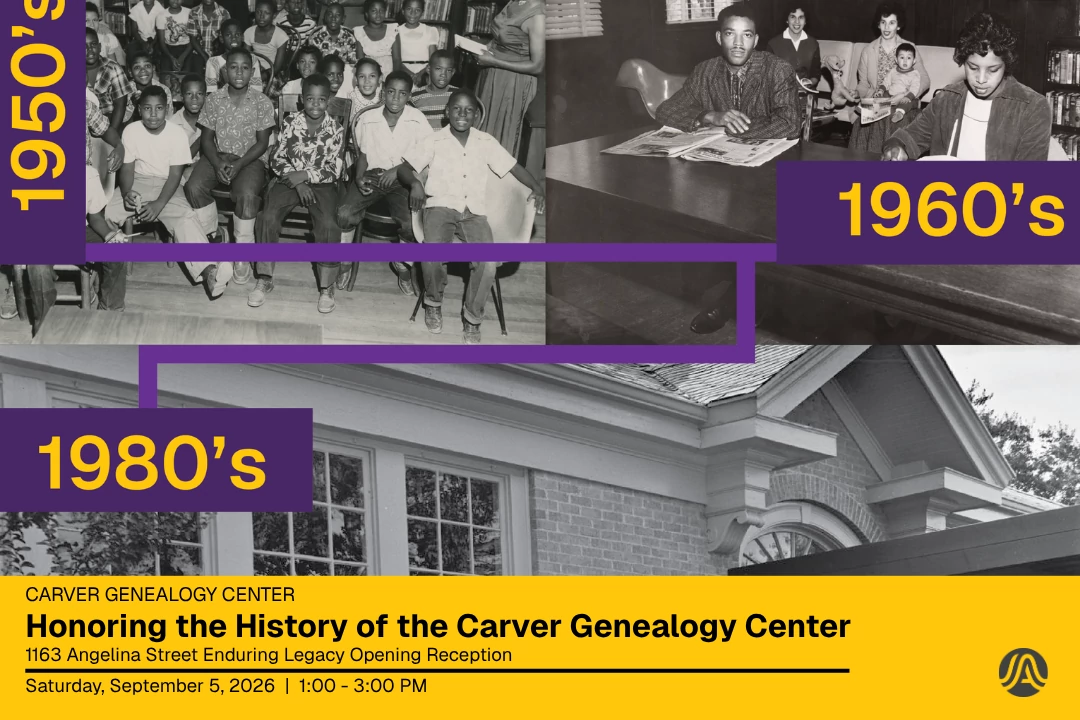 Yellow graphic featuring archival photos from the Carver Genealogy Center