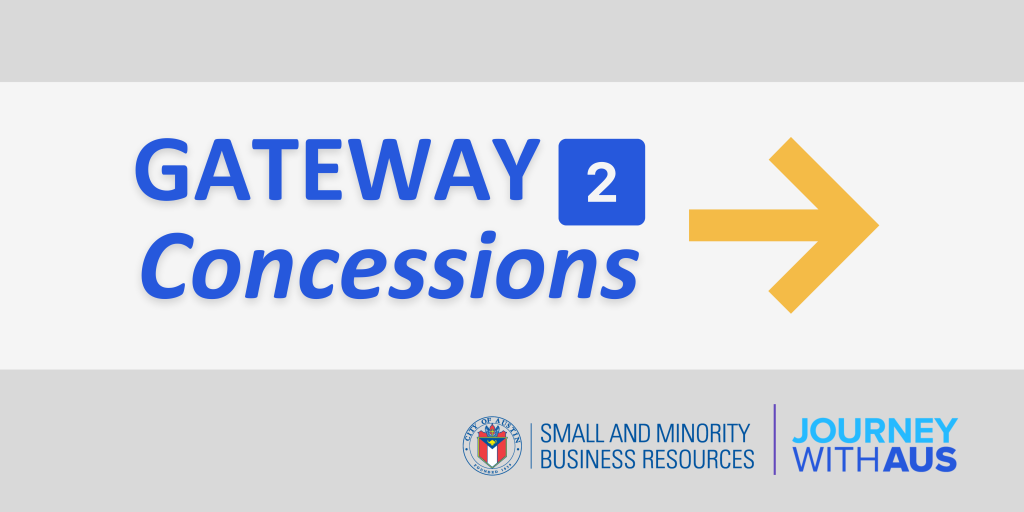 Image for "Gateways 2 Concessions" featuring bold blue text with a square purple icon containing the number "2," followed by a large yellow arrow pointing to the right. The background is a blurred black-and-white image of people walking in what appears to be an airport terminal.