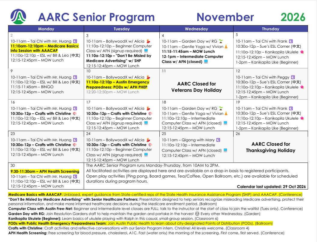 AARC Senior Program calendar for November 2026