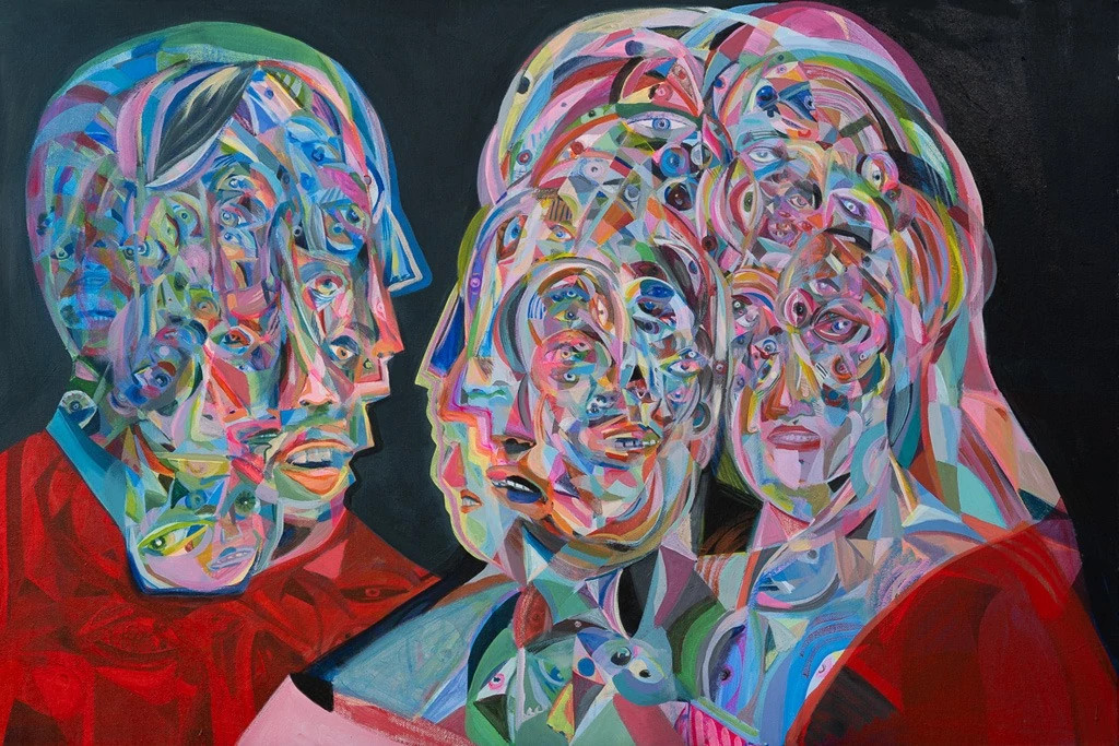 A painting of three people like figures made of fractured shapes.