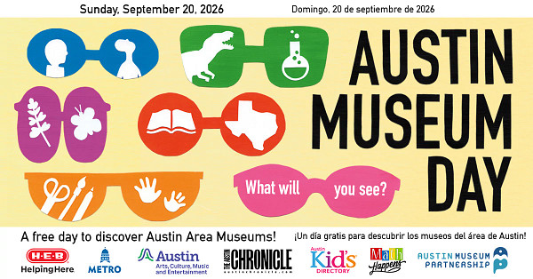 A graphic with colorful sunglasses and the text 'Austin Museum Day Sunday, September 20 2026 A free day to discover Austin Area Museums'