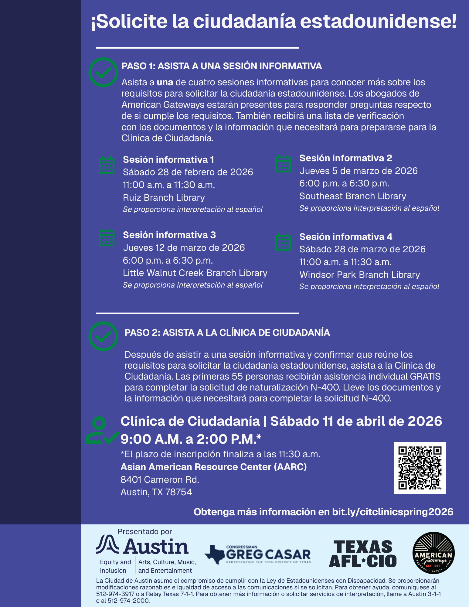 Flyer for Citizenship Clinic and information sessions with information session and clinic dates, locations, and other information.