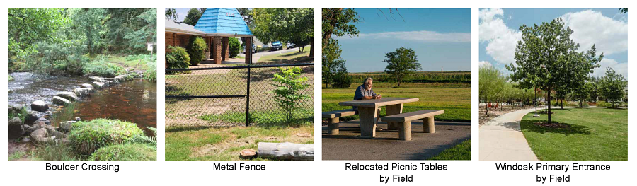 Example images of boulder crossing across stream, metal fence, picnic tables by field, Windoak primary entrance by field