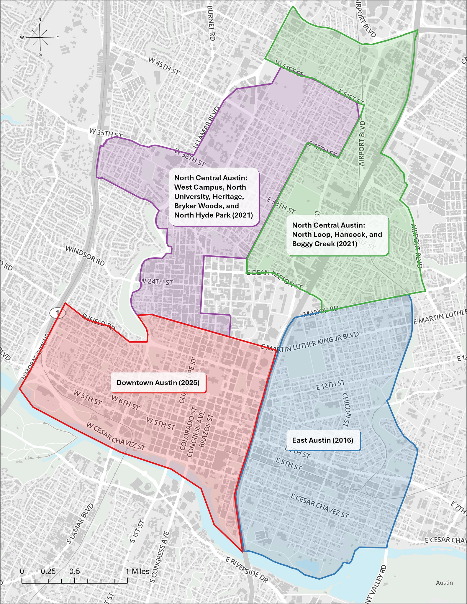 A map showing boundaries of City of Austin historic resource surveys.