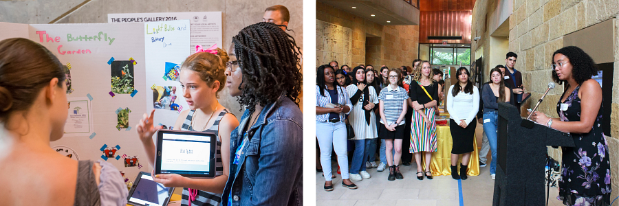 Side by side photos of students presenting in City Hall at previous EcoRise Showcases.