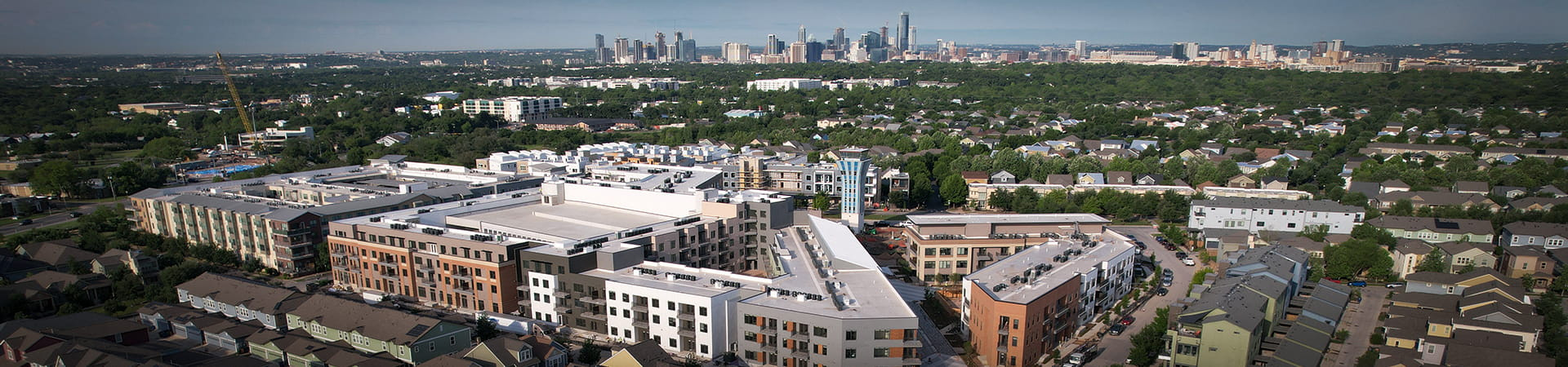 Aerial view of the Mueller Redevelopment through the garden.