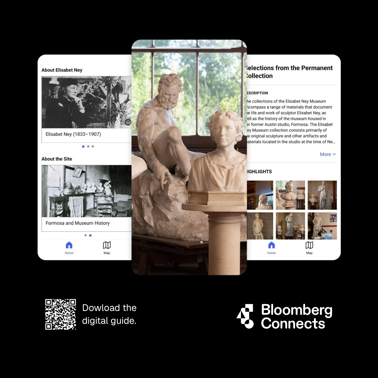 three screens and a qr code to the elisabet ney museum guide on the Bloomberg connects app