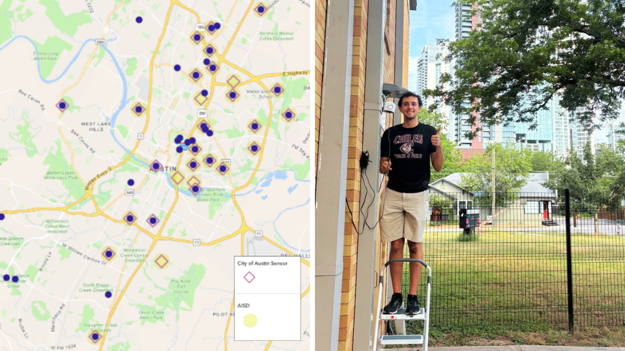 Left, a map showing the air monitors across Austin. Right, Tyson stands on a ladder installing a monitor at an AISD campus.