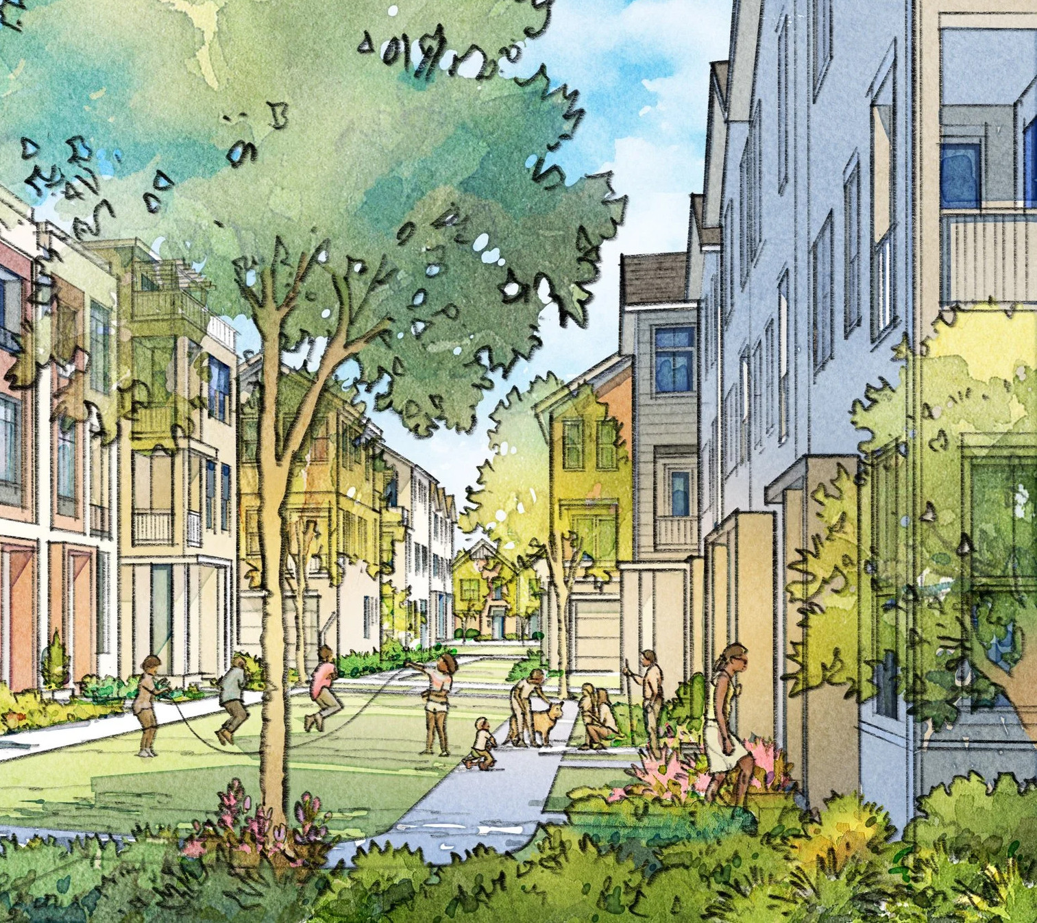 Rendering of the Colony Park Sustainable Community showing a neighborhood street with people in the community