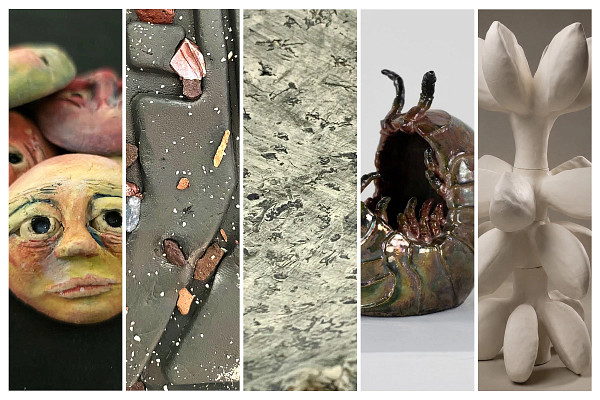 A collage of five different ceramic works of art. The first circular faces, the second a surface with gravel like pieces, the third a rock like texture with etchings, the fourth a ceramic pill bug, the fifth ceramic flower like structure.